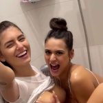 Lesbian shower explodes into sloppy double BJ and huge facial with cum swap POV Blowjob